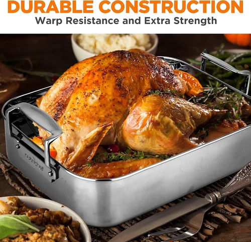 Miniatura 4 de NutriChef Asador de cocina de acero inoxidable de 14 pulgadas con rejilla de alambre pulido, versátil juego de hornear para pavo, pollo, carnes