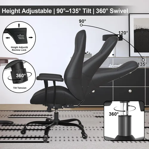 Miniatura 7 de E-Ser Silla de escritorio de cuero, silla de oficina moderna de mediados de siglo, negro Soporte lumbar, ergonómico, giratorio de 360°, ruedas