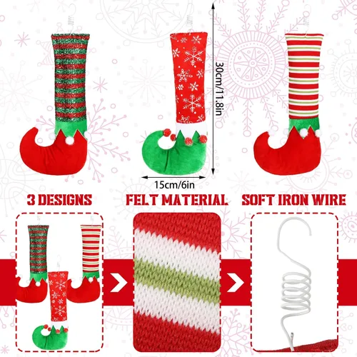 Miniatura 2 de 6 patas de elfo de Navidad, púa de botas, rayas con purpurina, patas rellenas de elfo con alambre fijo, decoraciones colgantes para árbol