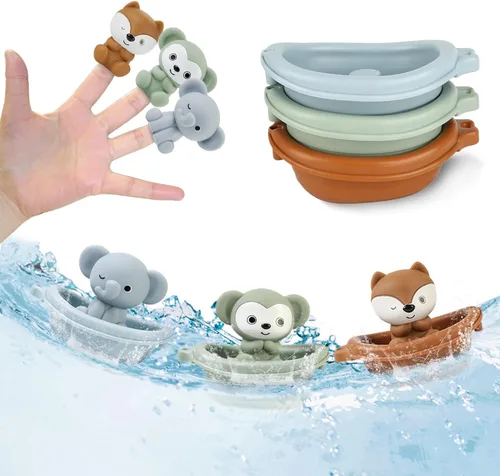 Miniatura 7 de Juguete de baño para bebé, apilable, juguetes de bañera para bebés, flotante, tren de barco con marionetas de dedo de animales, juguete de baño