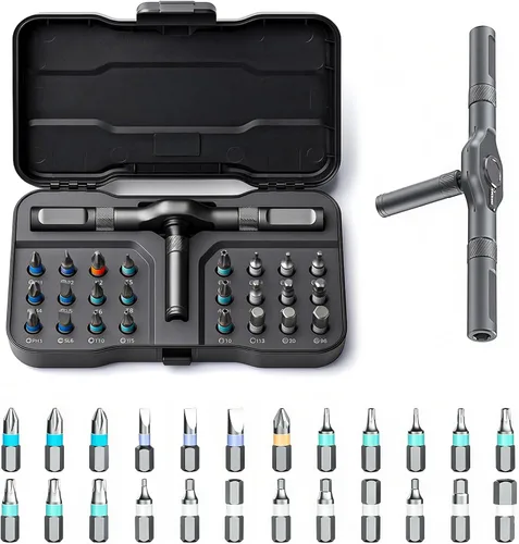 Juego de destornilladores magnéticos de trinquete 24 en 1, juego de destornilladores magnéticos multibit DIY con mango de trinquete desmontable, kit