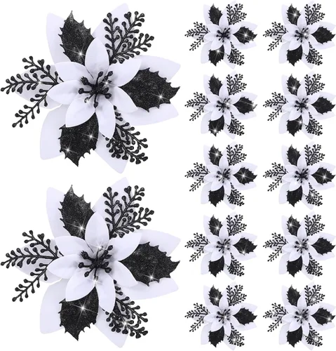 Miniatura 10 de Canlierr 12 piezas flores de Pascua de Navidad de 5.7 pulgadas con purpurina, flores artificiales con clips, adorno de árbol de Navidad para corona