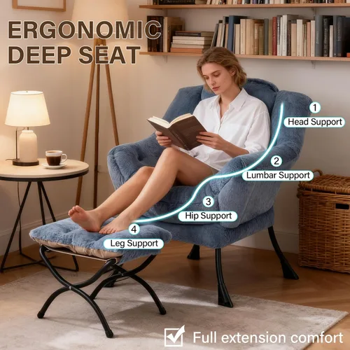 Miniatura 7 de Welnow - Silla perezosa con otomana, moderna silla de descanso con reposabrazos y bolsillo lateral, juego de sillón tapizado de ocio, sillón