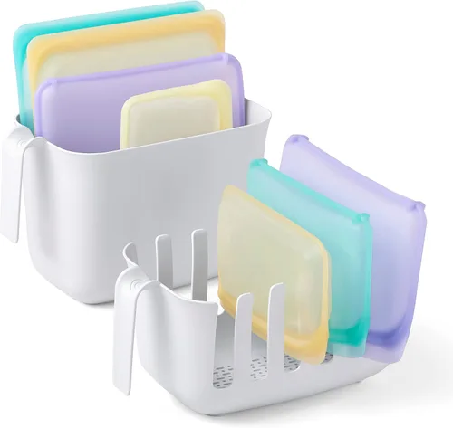 YouCopia Dry&Store - Juego de escurridor y contenedor de bolsas reutilizables, organizador de bolsas de silicona y almacenamiento