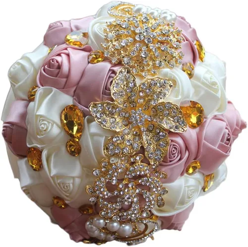 Miniatura 12 de Ramo de novia de 8 pulgadas con rosas de satén de 8 pulgadas con broches de cristal dorado hecho a medida, arreglo de centro de mesa, ramo azul real