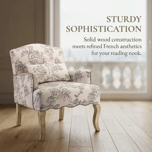 Miniatura 7 de Shunzhi Sillas de Acento Florales Estilo Granja Sillón Tapizado de Lino Silla de Lectura Moderna de Mediados de Siglo Sofá Individual con Almohada
