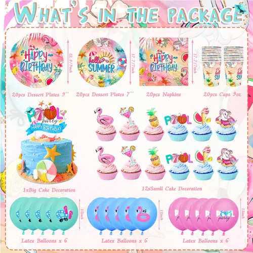 Miniatura 2 de Decoraciones de fiesta de cumpleaños de piscina de verano, platos de cumpleaños temáticos de verano, servilleta, pancarta, tazas, globos