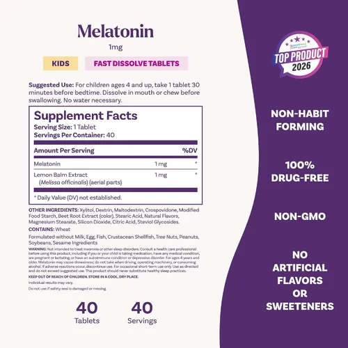 Miniatura 7 de Natrol Melatonina de disolución rápida de 1 mg para niños, suplemento dietético para un sueño reparador, tabletas de sueño para niños, 40 tabletas