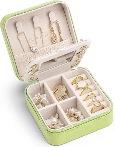 Vlando Pequeño organizador de joyero de viaje Anillo de regalo para mujer, aretes, collares, vitrina de almacenamiento para niñas, color verde