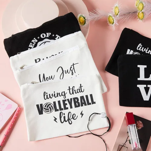 Miniatura 5 de Weewooday 12 bolsas de maquillaje de voleibol, bolsas de lona para cosméticos con palabras, estuche de almacenamiento portátil de voleibol, bolsas