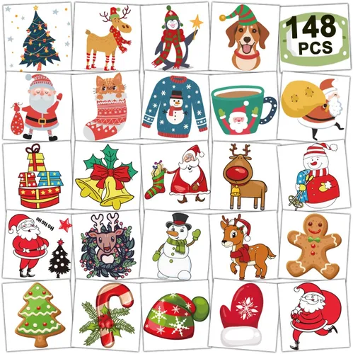 CHARLENT 148 tatuajes temporales de Navidad para niños, tatuajes individuales de Navidad para niños, recuerdos de fiesta de Navidad, relleno de