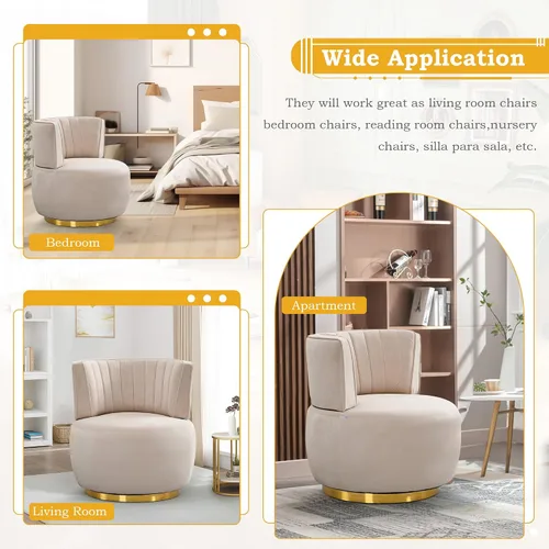 Miniatura 7 de SLEERWAY Silla giratoria de 360°, moderna silla decorativa redonda de terciopelo, cómoda silla pequeña tapizada con base de metal dorado para sala