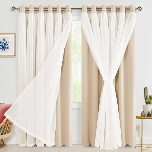 Miniatura 45 de Hiasan Cortinas opacas con superposición transparente, aislamiento térmico para mezclar y combinar de doble capa, cortinas de oscurecimiento de Beige