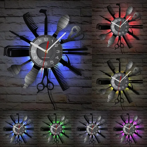 Miniatura 2 de Reloj de pared con herramientas de peluquería de 12 pulgadas con 7 colores cambiantes, reloj de pared para peluquería y negocios, reloj de pared