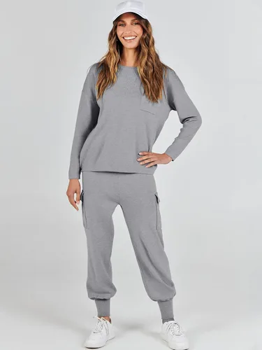 Miniatura 9 de Caracilia Conjunto de dos piezas para mujer, suéter de punto de manga larga y pantalones deportivos tipo cargo