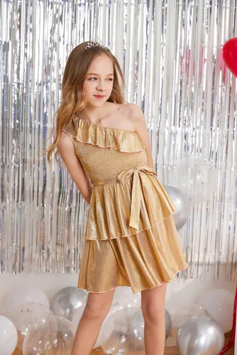 Miniatura 6 de Danna Belle Vestido de fiesta de verano para niñas, con un hombro, volantes, escalonado, ropa de regalo, tallas 5-14