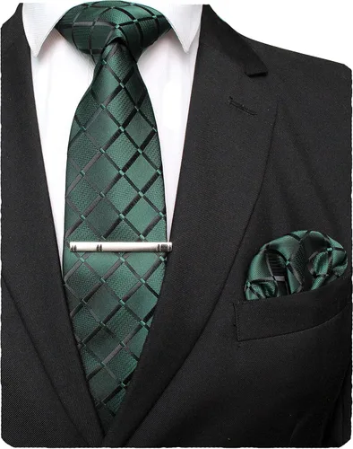 JEMYGINS Juego de corbata y bolsillo a cuadros para hombre de color sólido con clip de corbata