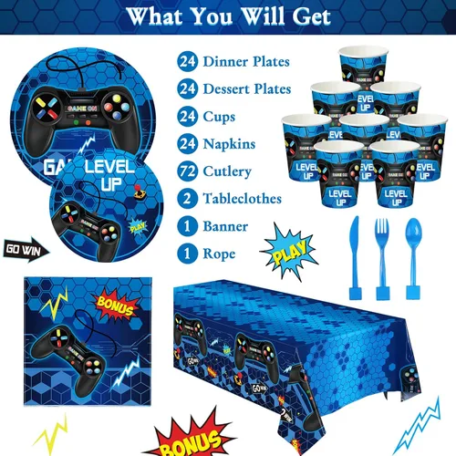 Miniatura 3 de Tiamon 172 piezas de decoración de fiesta de videojuegos – Sirve 24 suministros de vajilla de fiesta de juegos que incluyen pancartas de feliz
