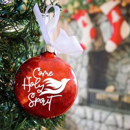 Miniatura 2 de Adorno de Navidad de confirmación, ven el Espíritu Santo, recuerdo fechado por el sacramento católico, bola de purpurina roja hecha a mano con lazo
