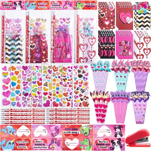 JOYIN Juego de 28 artículos de papelería para el día de San Valentín con tarjeta de regalo para niños, incluye lápices, reglas, cuaderno y