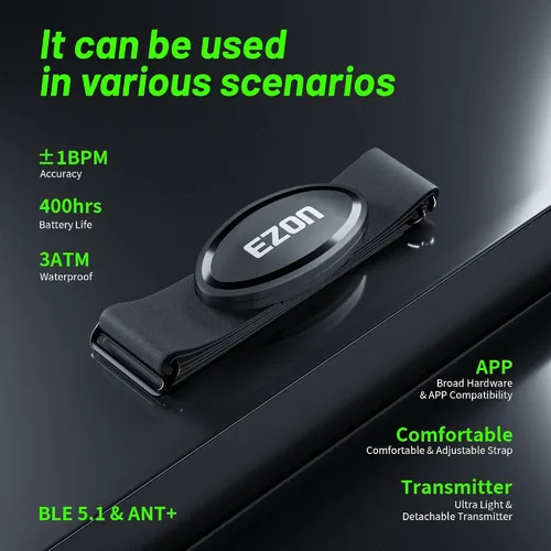 Miniatura 2 de EZON Heart Rate Monitor Chest Strap, Bluetooth 5.1 & ANT+ Sensor, 3ATM Waterproof, Compatible with Garmin, Wahoo, Polar, Strava for Running