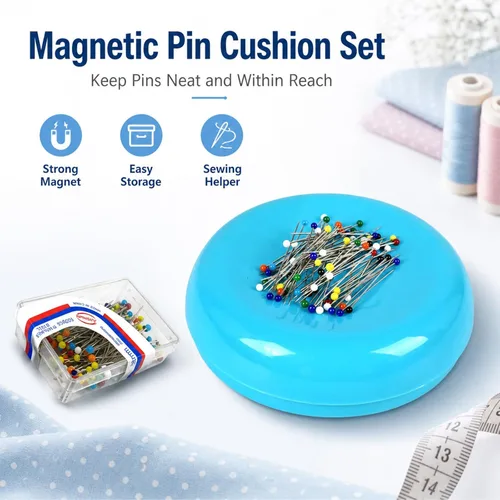Miniatura 6 de Cojín magnético para alfileres con 100 alfileres de cabeza de plástico, soporte magnético para alfileres para costura y acolchado (Azul)