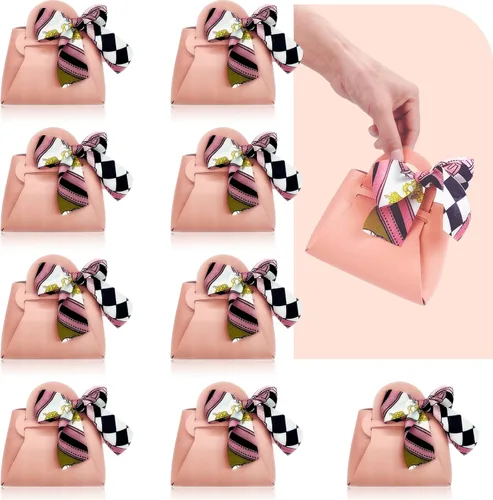 Paquete de 10 cajas de regalo rosas de piel sintética, pequeña bolsa de recuerdo de fiesta con cinta, cajas de regalo reutilizables y exquisitas