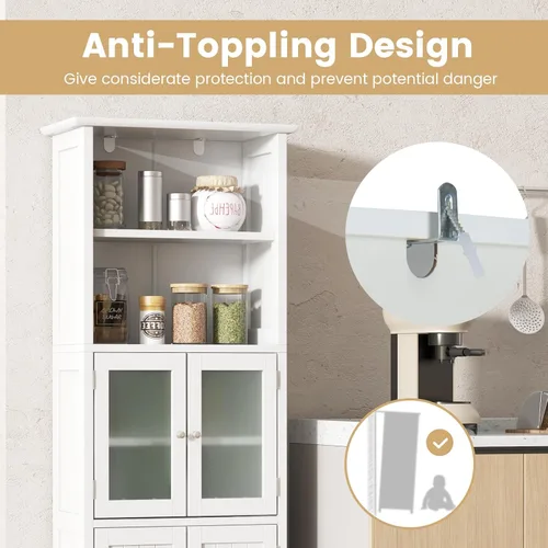 Miniatura 6 de COSTWAY Armario alto de almacenamiento para baño, armario de despensa de cocina independiente con puertas de vidrio y estante ajustable, gabinete