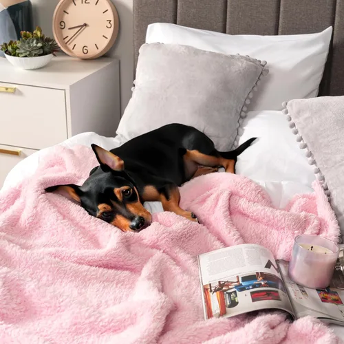 Miniatura 7 de PAVILIA Manta de sherpa para sofá, manta de felpa cálida y esponjosa rosa claro para cama, acogedora manta súper suave y ligera, manta decorativa