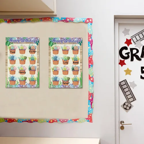 Miniatura 6 de Tabla de feliz cumpleaños para aula, 2 unidades, decoración de póster de cumpleaños de 17 x 12 pulgadas, recortes de calendario de suculentas