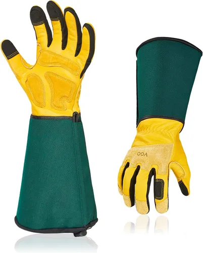 Miniatura 10 de Vgo... Guantes de trabajo de seguridad para hombre, puño extendido de cuero dividido de cerdo, cuero sintético, a prueba de espinas de poda de 1 par