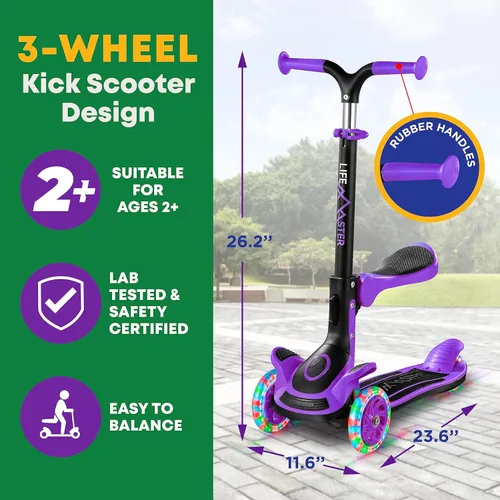 Miniatura 5 de Scooter de 3 ruedas para niños con asiento plegable, altura ajustable del manubrio, juguete de paseo inclinado para conducir para niños a partir