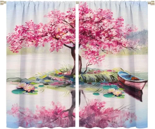 Miniatura 46 de Cortinas opacas con diseño floral de galaxia azul abstracta para dormitorio, cortinas de ventana de teñido anudado con diseño de flor de cerezo