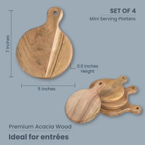 Miniatura 2 de The Fine Living Co. Juego de 4 platos pequeños para servir aperitivos, mini tablas redondas de embutidos, bandeja de madera pequeña de acacia, tabla