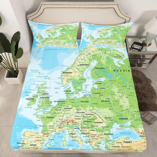 Erosebridal - Juego de sábanas con mapa mundial tamaño TwinXL, juego de ropa de cama azul para niños y niñas, sábana bajera con mapa de varios
