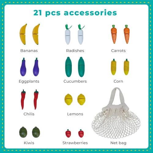 Miniatura 3 de Teamson Kids Little Chef Frankfurt - Juego de 21 alimentos de madera con frutas y verduras y bolsa de malla para comestibles, multicolor, verde