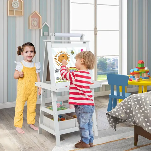 Miniatura 3 de Costzon Caballete de arte para niños, caballete de pintura de doble cara 3 en 1 con pizarra blanca magnética, pizarra y rollo de papel, estante