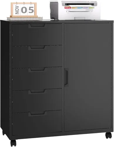 Gabinete de Almacenamiento para Oficina, Cajonera de 5 Cajones, Soporte para Impresora con Estantes de Almacenamiento, Gabinete Metálico Móvil,