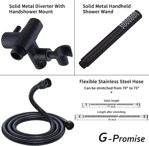 Miniatura 5 de G-Promise Combo de cabezal de ducha todo metal doble, cabezal de ducha de lluvia de 8 pulgadas, varita de rociado manual, desviador suave de 3 vías