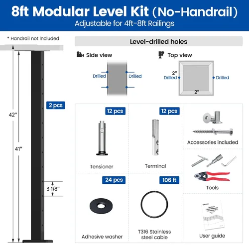 Miniatura 2 de Muzata Kit de barandilla de cable modular negro de 4 a 8 pies, kit de postes de 42 pulgadas, juego completo de sistema de barandilla de cable