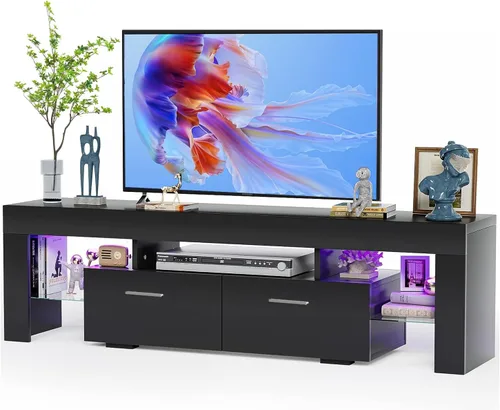 HOUAGI Soporte de TV LED para televisores de hasta 65 pulgadas, moderno centro de entretenimiento con cajón de almacenamiento y estante de cristal,