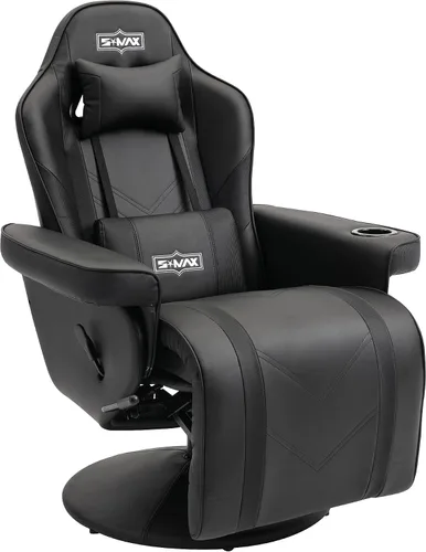 S*MAX Silla reclinable para juegos para adultos, estilo carreras, ergonómica, con respaldo alto, giratoria, de piel sintética, con respaldo Negro