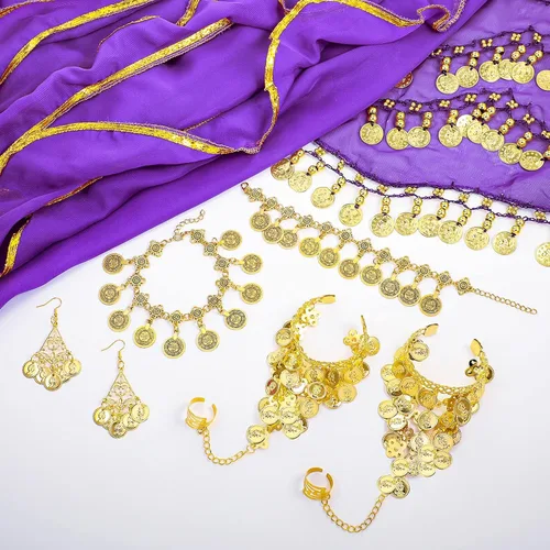 Miniatura 4 de Haysandy Conjunto de 8 piezas de danza del vientre para mujer, falda de danza del vientre, bufanda de cadera, 2 pulseras, aretes, pulsera de tobillo