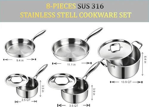 Miniatura 2 de Juego de utensilios de cocina de acero inoxidable de 5 capas, 8 piezas, cocina profesional, calidad de chef pesada, libre de PFOA, PTFE y PFOS
