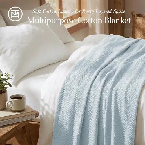 Miniatura 2 de Threadmill Home - Manta de lino de tamaño King, 100% algodón, color blanco, con diseño espiga. Azul claro