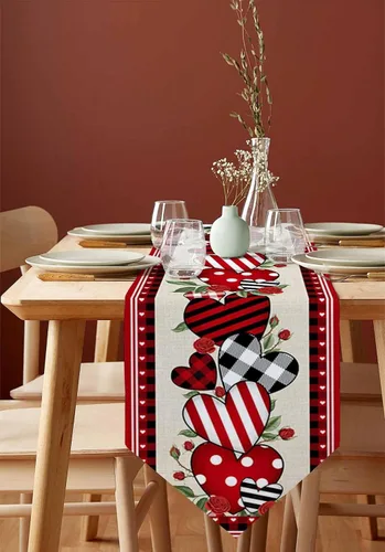 Miniatura 7 de Camino de mesa de corazón de amor para el día de San Valentín, camino de mesa de arpillera antideslizante, decoración retro de lino para casa