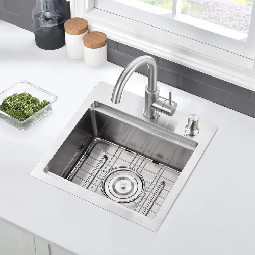 Miniatura 9 de Fregadero de barra de 15 pulgadas para estación de trabajo, fregadero de cocina pequeño de 15 x 15 pulgadas, montaje superior, calibre 16