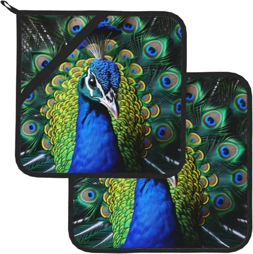 Miniatura 7 de 2 soportes para ollas para cocina, resistentes al calor, almohadilla caliente de pavo real azul, lavables, para cocinar, salvamanteles cuadrados