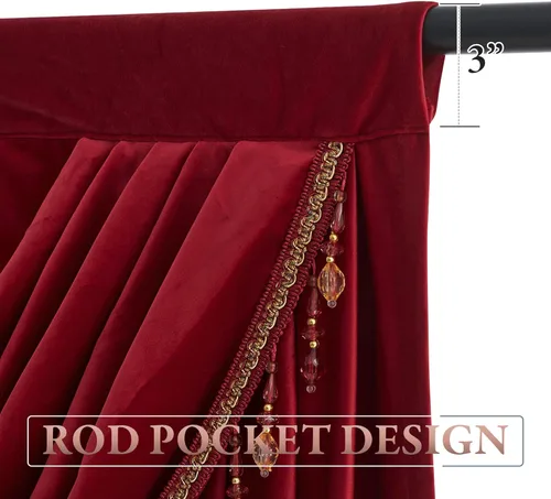 Miniatura 4 de StangH Cenefa de cortinas de terciopelo rojo con cuentas de lujo para dormitorio, cenefas gruesas de cascada con bolsillo para cortinero