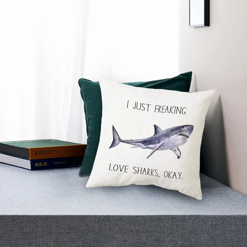 Miniatura 2 de Sidhua Funda de almohada con temática de animales del océano para el hogar, funda de almohada con texto en inglés "I Just Freaking Love Sharks